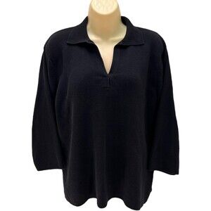 Designers Originals Women’s XL Sweater w/ Collar V-Neck Black Cotton Top Vintage